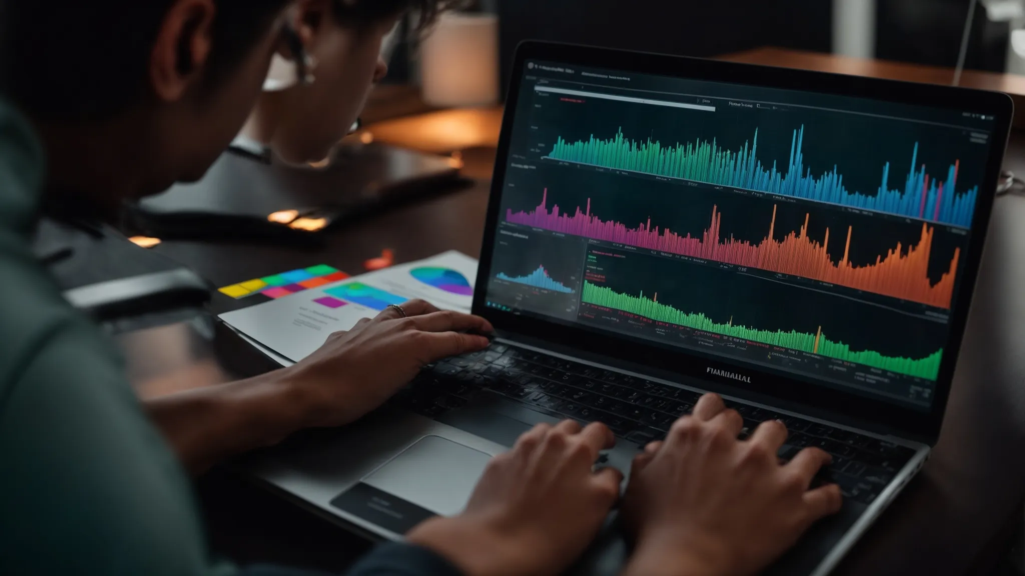 a person uses a laptop to analyze colorful graphs and data on a screen representing youtube keyword trends.
