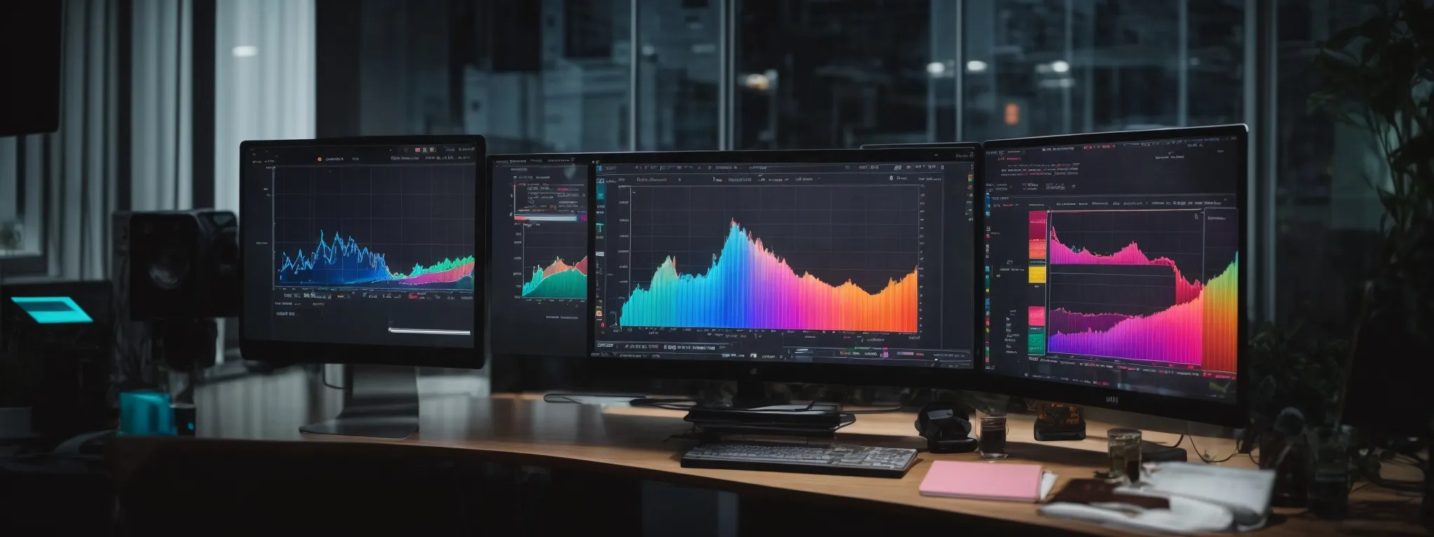 a person with a computer screen displaying colorful graphs and charts representing deep seo analytics.