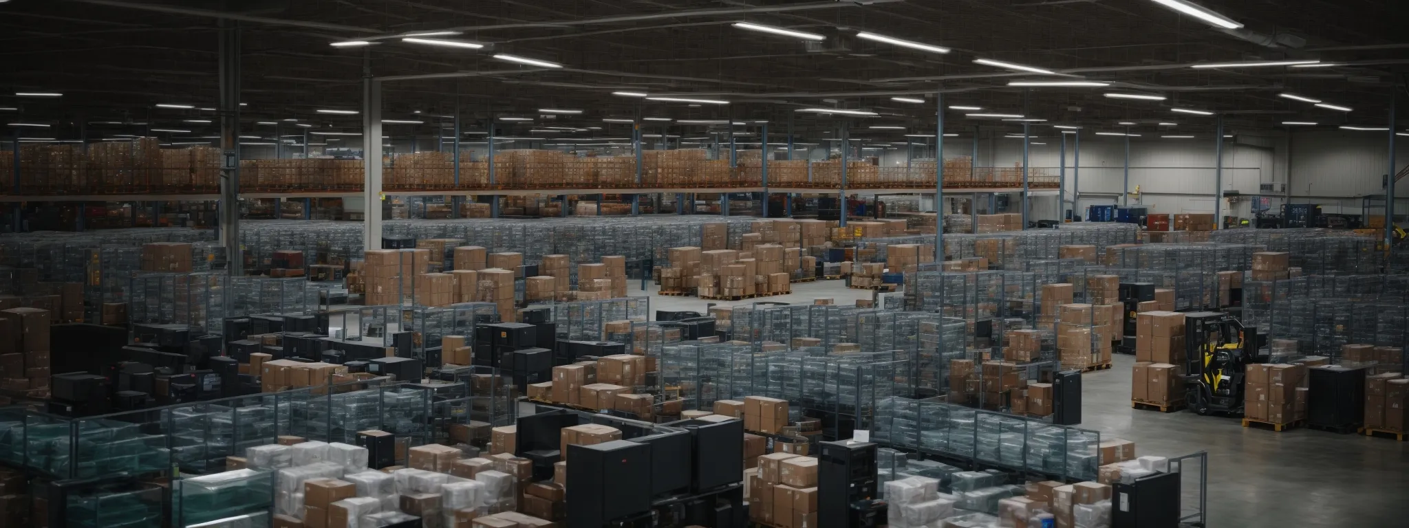 a bustling ecommerce warehouse with computers displaying charts and packages being sorted for shipment.