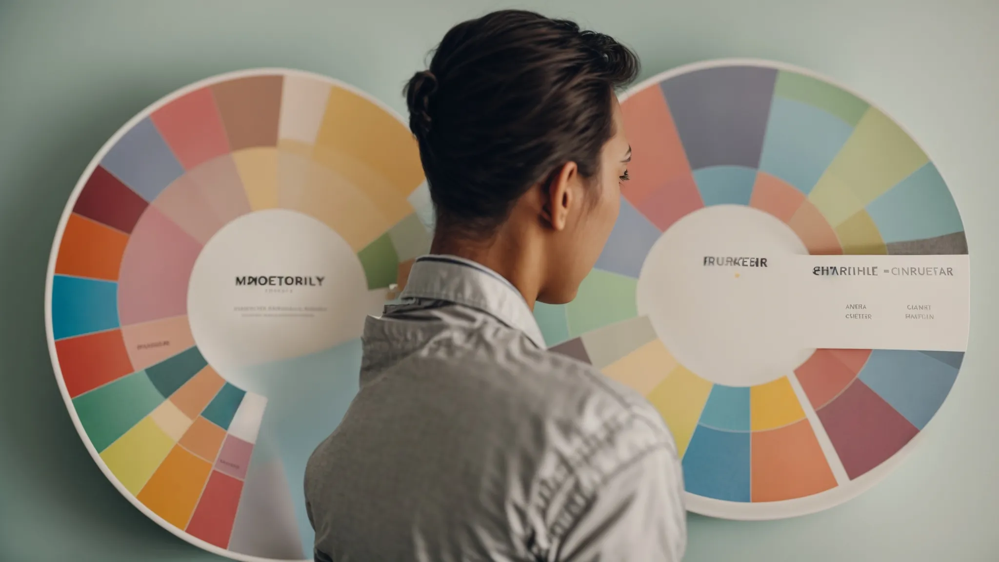 a marketer studies a colorful pie chart representing audience segments.