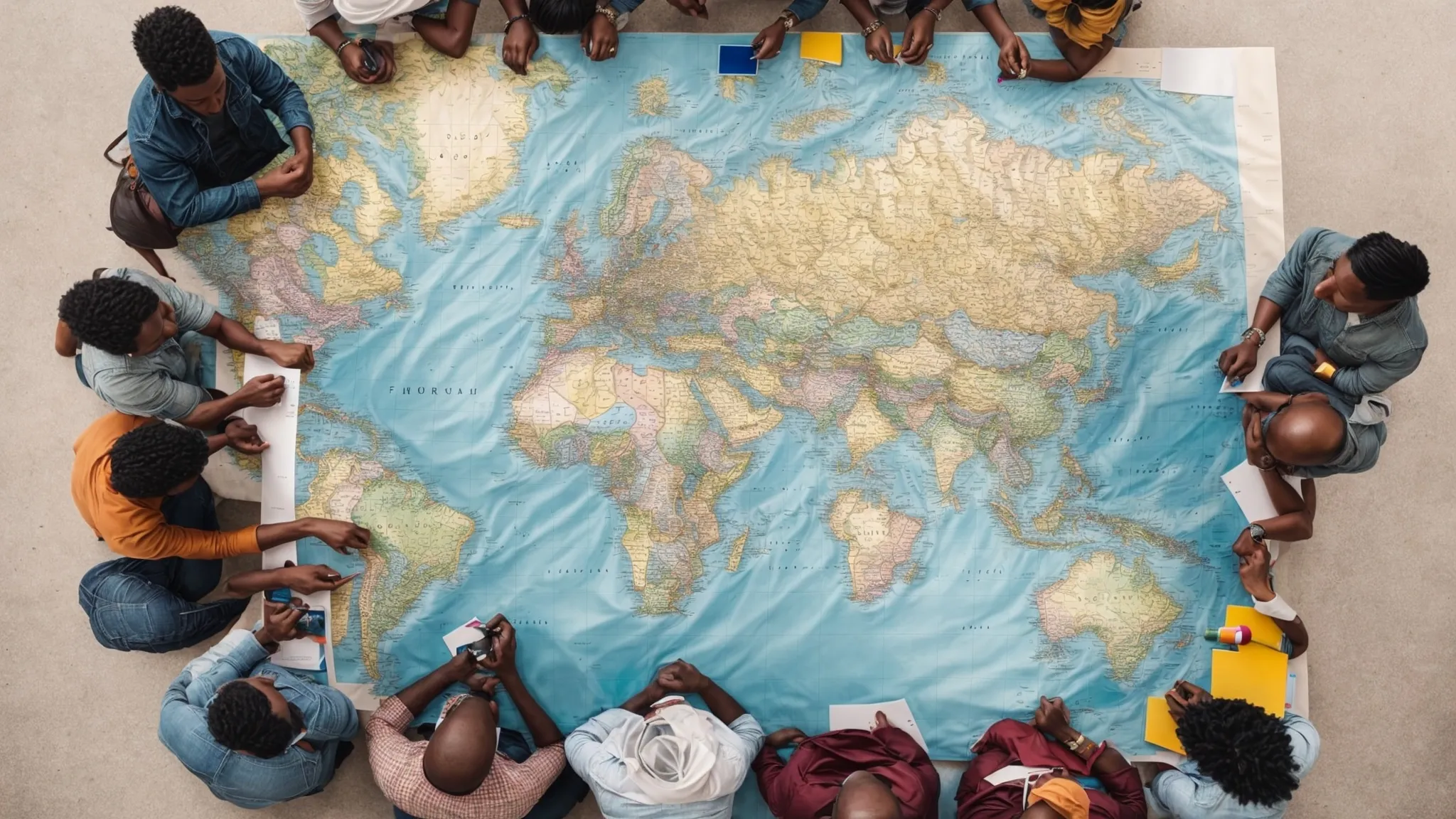 a group of diverse individuals gather around a world map, highlighting various countries with colorful markers.