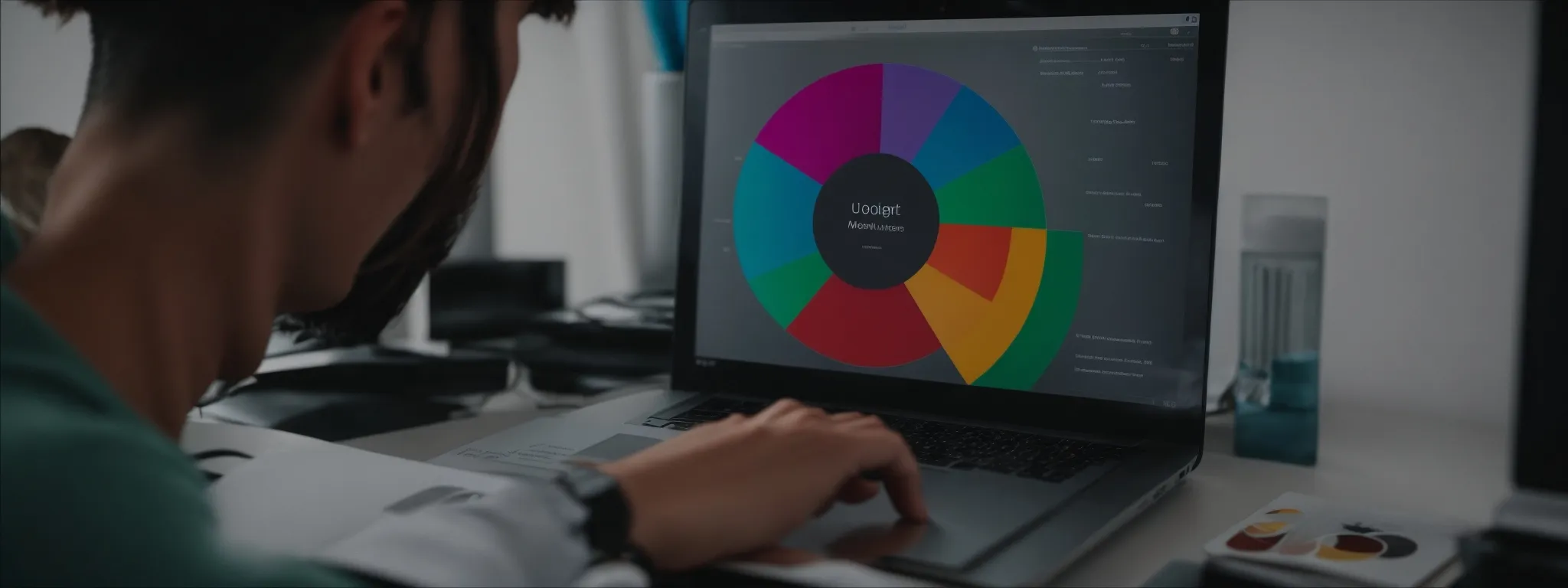 a marketer analyzing a colorful pie chart representing different budget allocations on a computer screen.