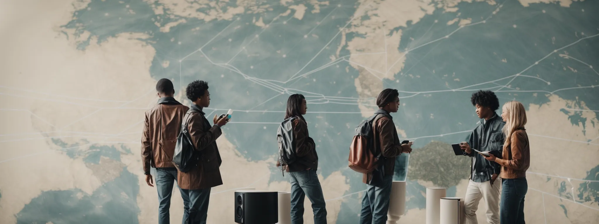 a diverse group of people talking to smart speakers on a world map connected with digital lines.