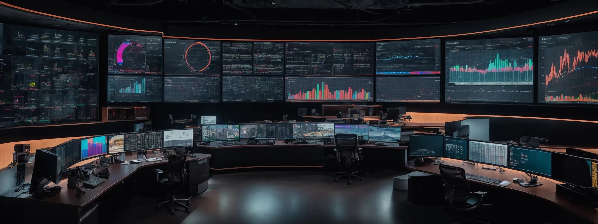a panoramic view of a sleek command center with multiple screens displaying colorful analytics charts and a large central display highlighting real-time seo metrics.