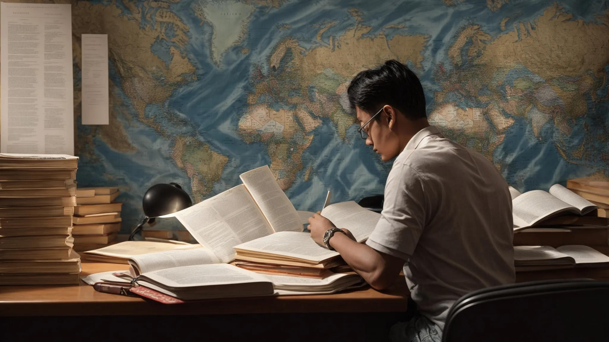 a person sitting at a desk with multiple world maps and language dictionaries opened, highlighting the international diversity of their research.