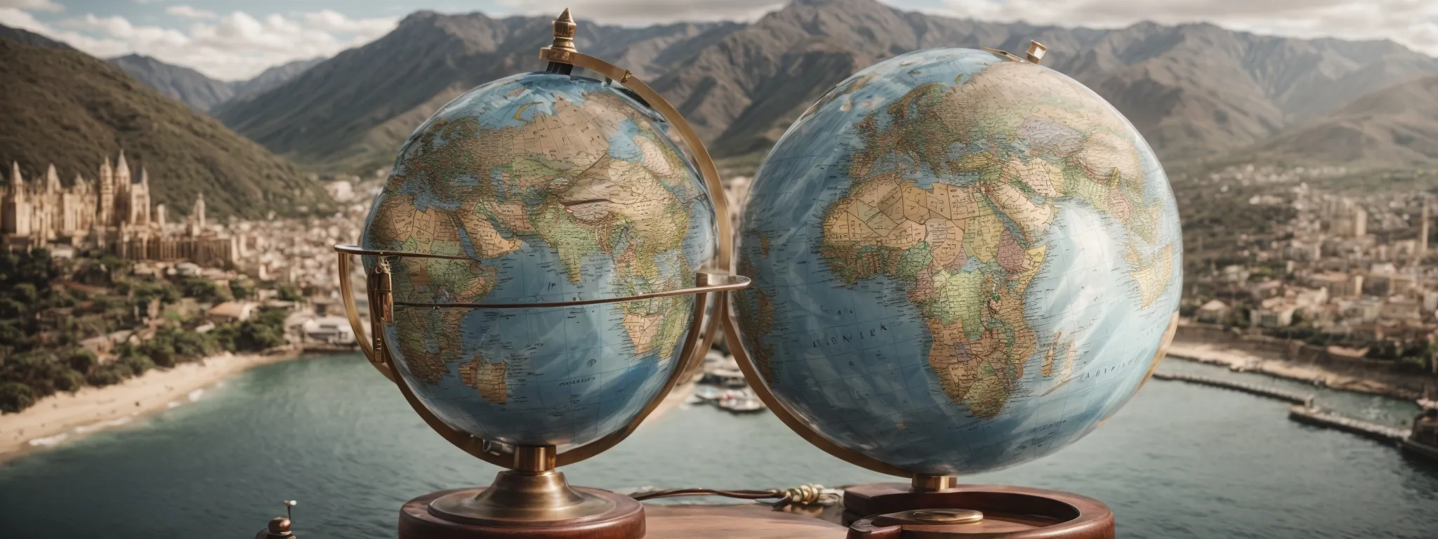 a globe surrounded by various iconic landmarks to represent international reach, with a pin or marker on a digital map to signify local precision.