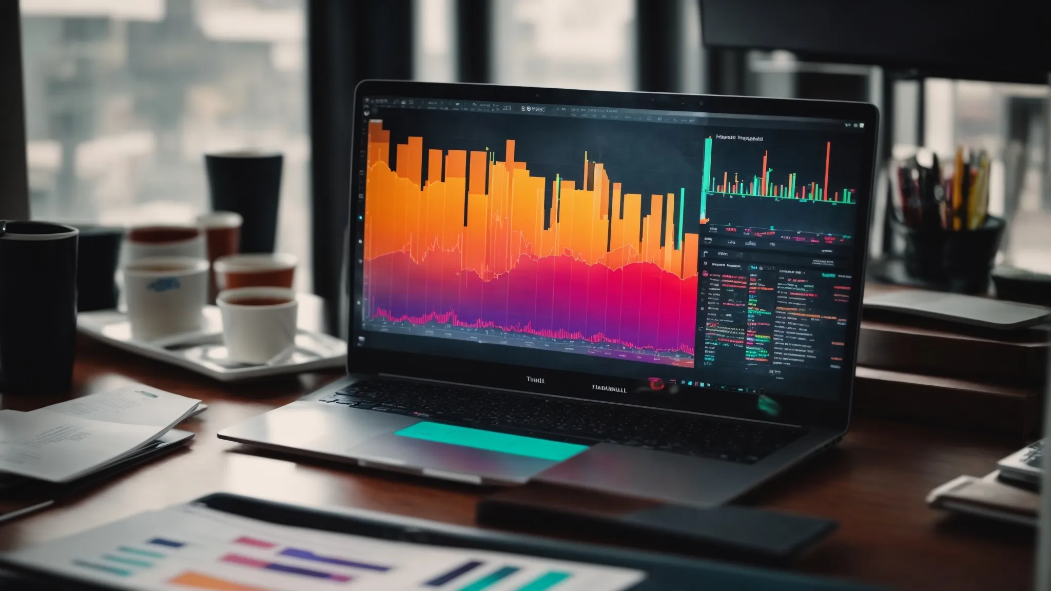 a laptop open on an office desk displaying colorful graphs and charts for seo data analysis.