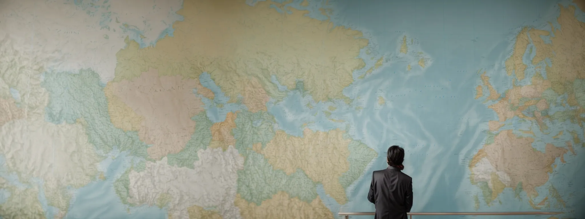 a person examines a large, detailed world map pinned on a wall, highlighting different regions with color-coded markers.