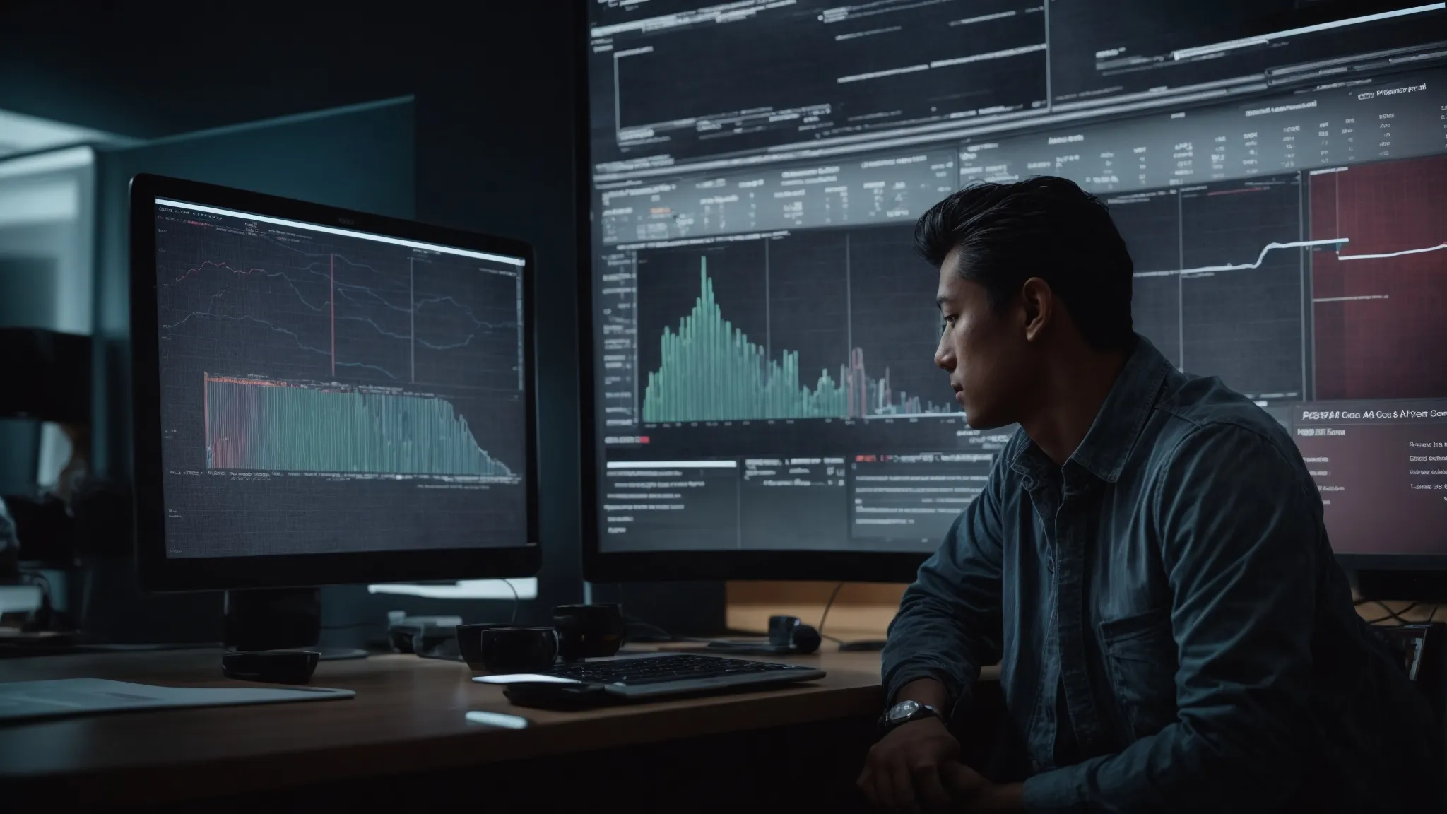 a close-up of a focused individual viewing analytics on a computer screen, surrounded by highlighted search terms and graphs.