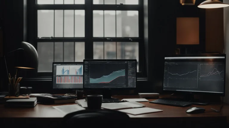 a person sitting at a desk with a computer displaying graphs and a notebook with a pen poised for brainstorming.