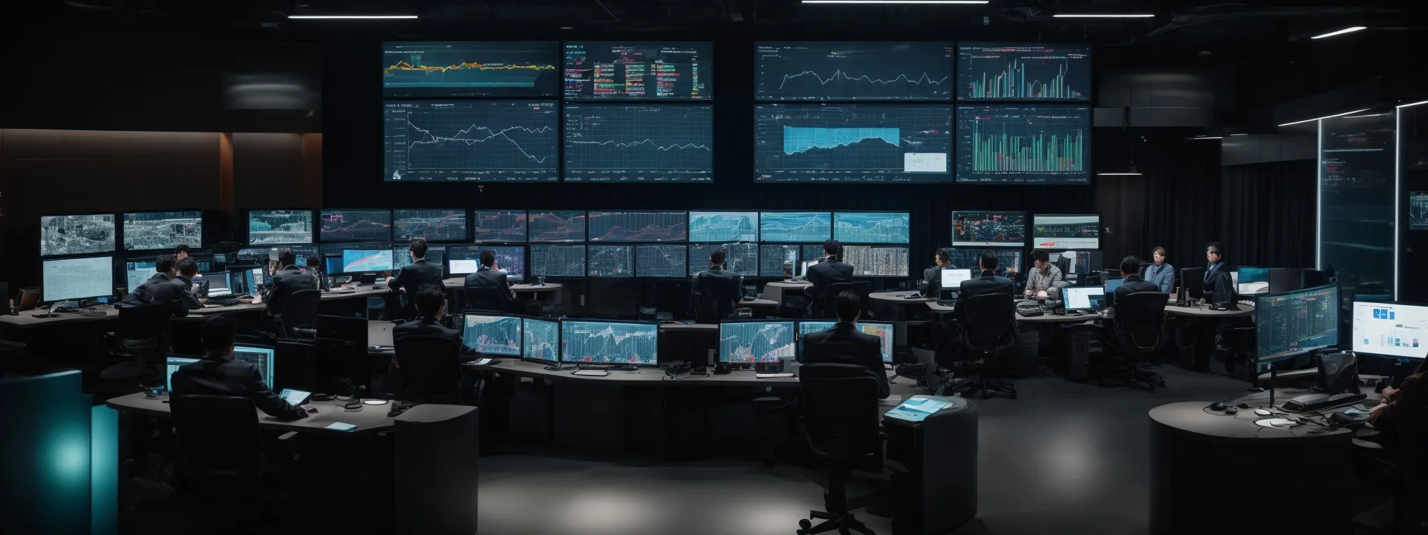 a high-tech control room with multiple screens displaying graphs and data analytics, where a group of professionals is collaboratively strategizing their next marketing move.