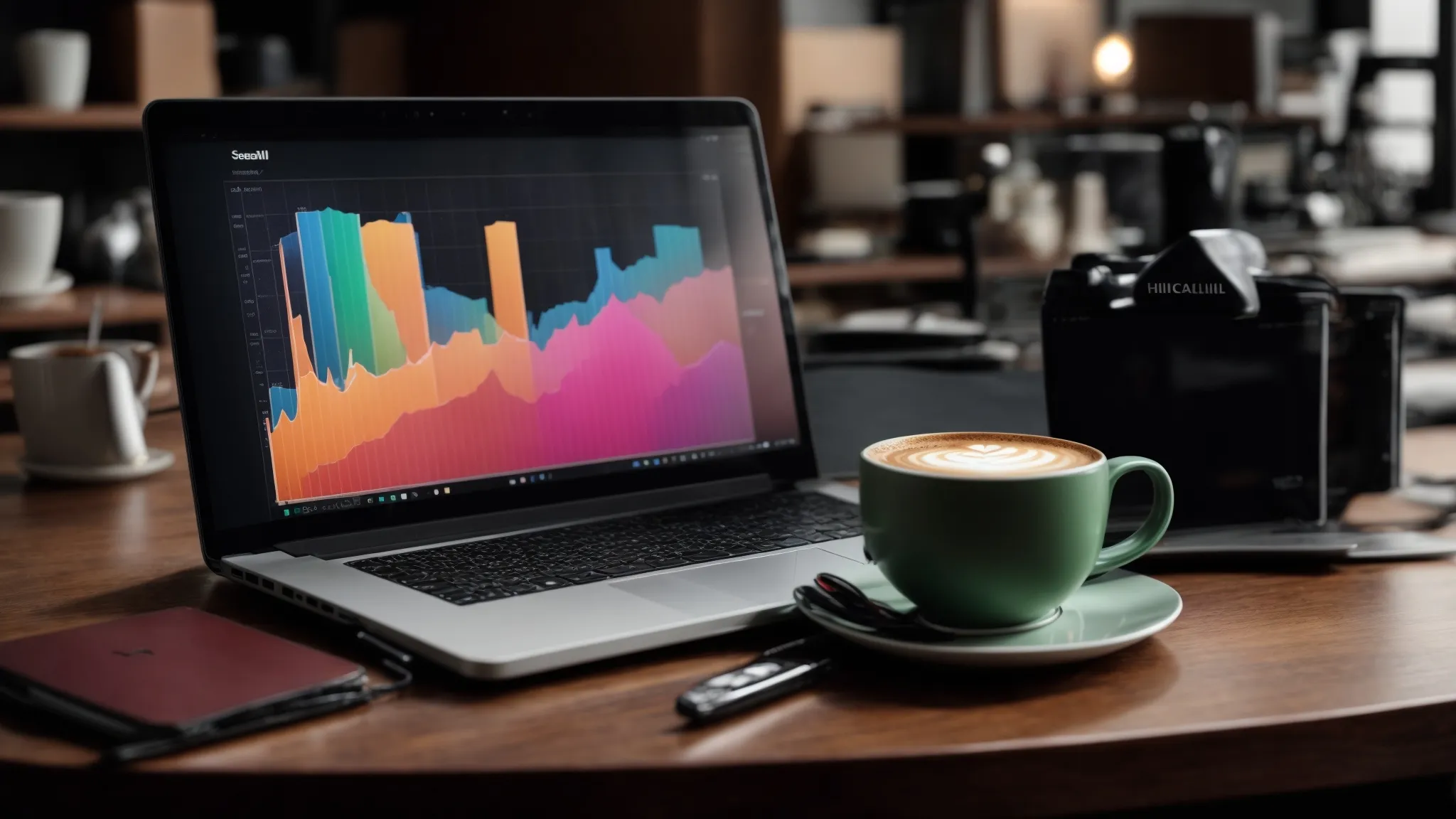 a laptop screen displaying colorful graphs and search engine results next to a notebook and a cup of coffee on a desk.