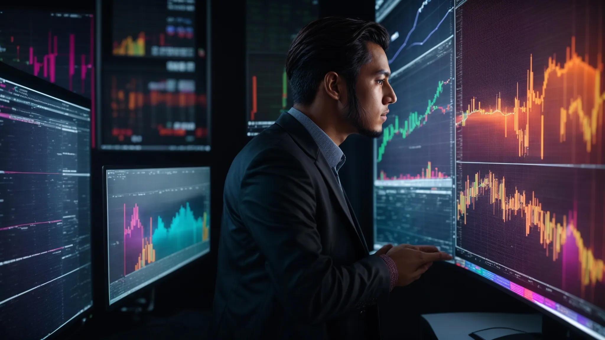 a focused individual gazes at a sleek, modern computer screen displaying colorful graphs and data analytics charts.