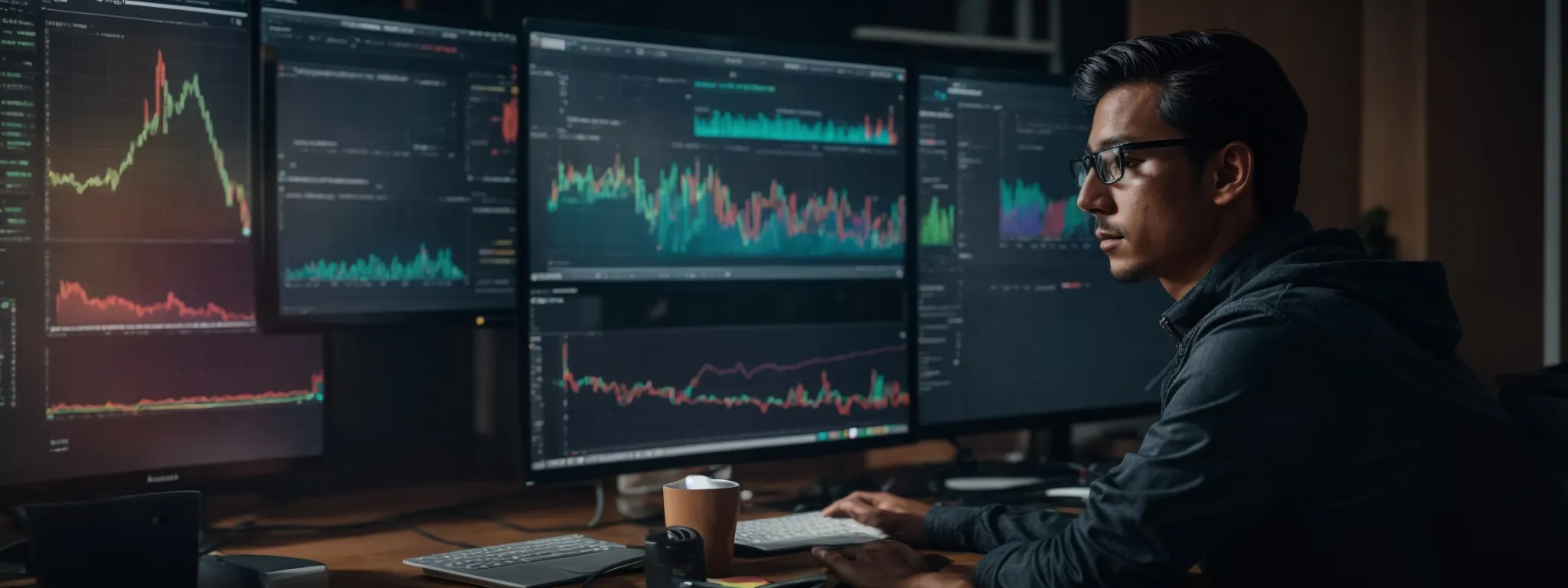 a digital marketer intently scrutinizes a computer screen displaying colorful analytics graphs while immersed in the strategic world of searchatlas keyword optimization.
