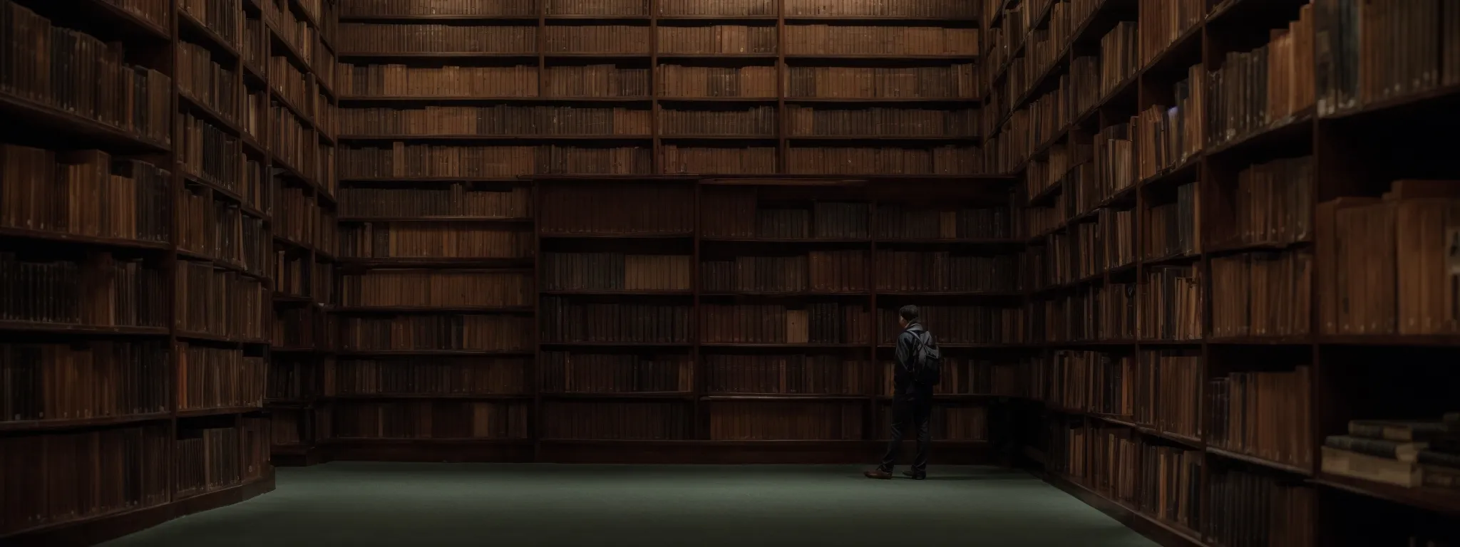 a person contemplating a vast library of books, symbolizing the search for comprehensive and nuanced keyword strategies.
