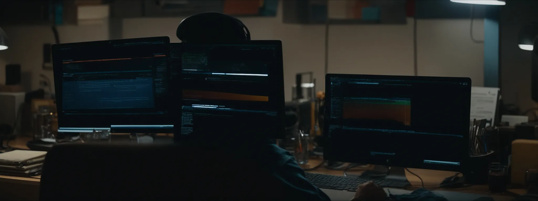 a person sitting at a computer with multiple browser tabs open, indicating research activity.