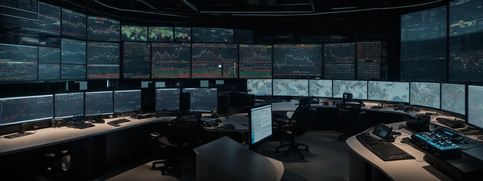 a high-tech control room with screens displaying data analysis graphs and interactive maps for real-time global seo monitoring.