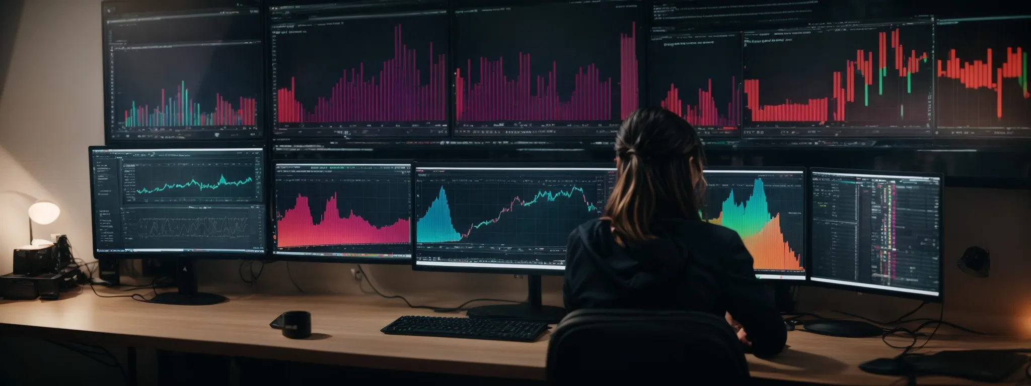 a person sits before dual computer monitors displaying colorful graphs and keyword analysis charts.