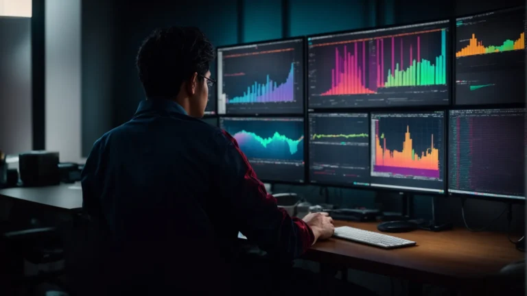 a person sitting at a computer, analyzing colorful graphs and charts on the screen representing keyword performance data.
