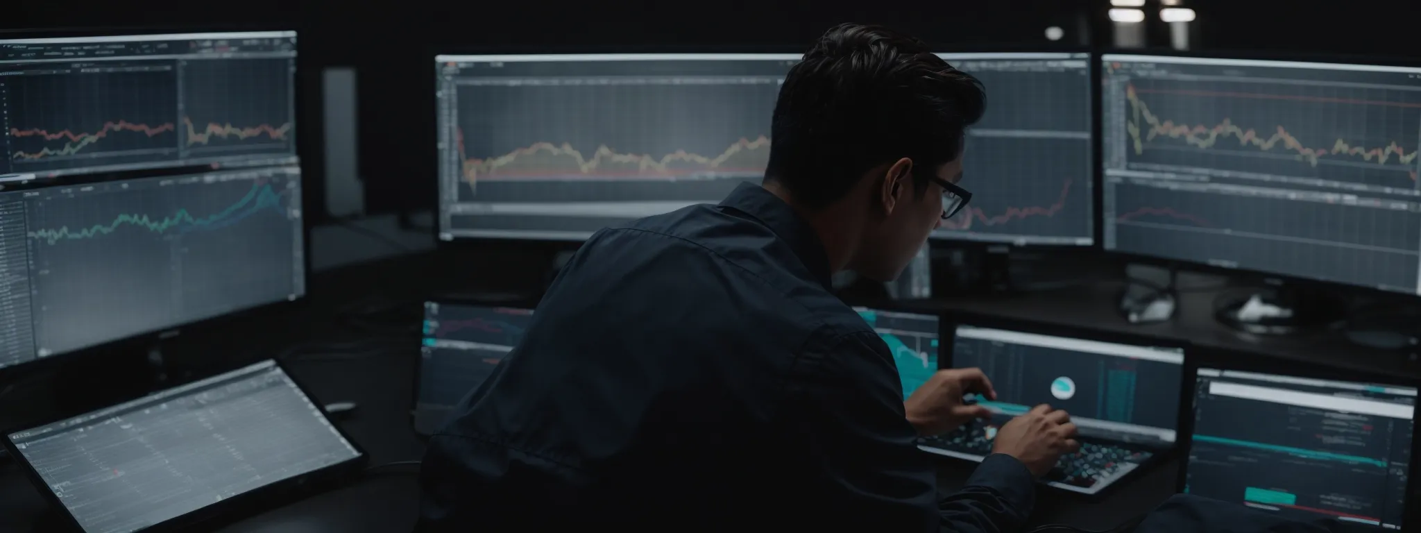 a marketer analyzing graphs and charts on a computer screen showing seo keyword performance.