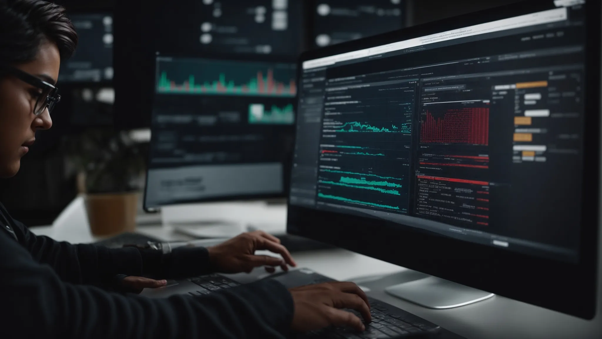 a person using a modern, sleek computer to navigate through an advanced seo analytics dashboard highlighting various keyword performance metrics.