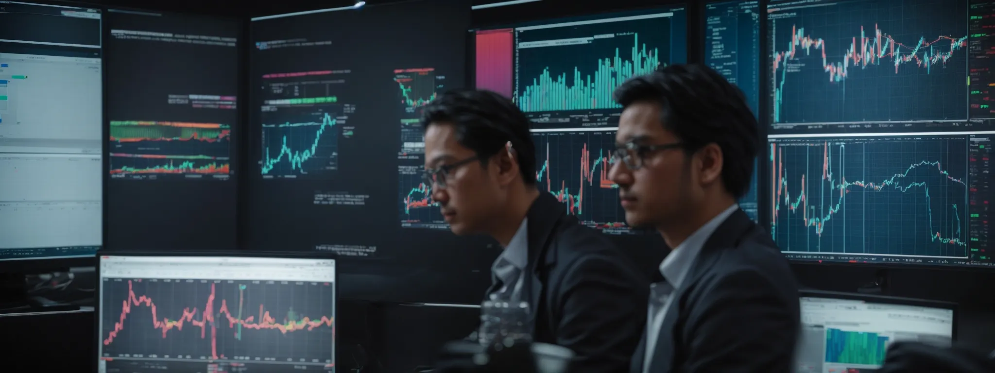 a strategic analyst gazes intently at a large monitor displaying colorful graphs and data analytics related to seo performance.