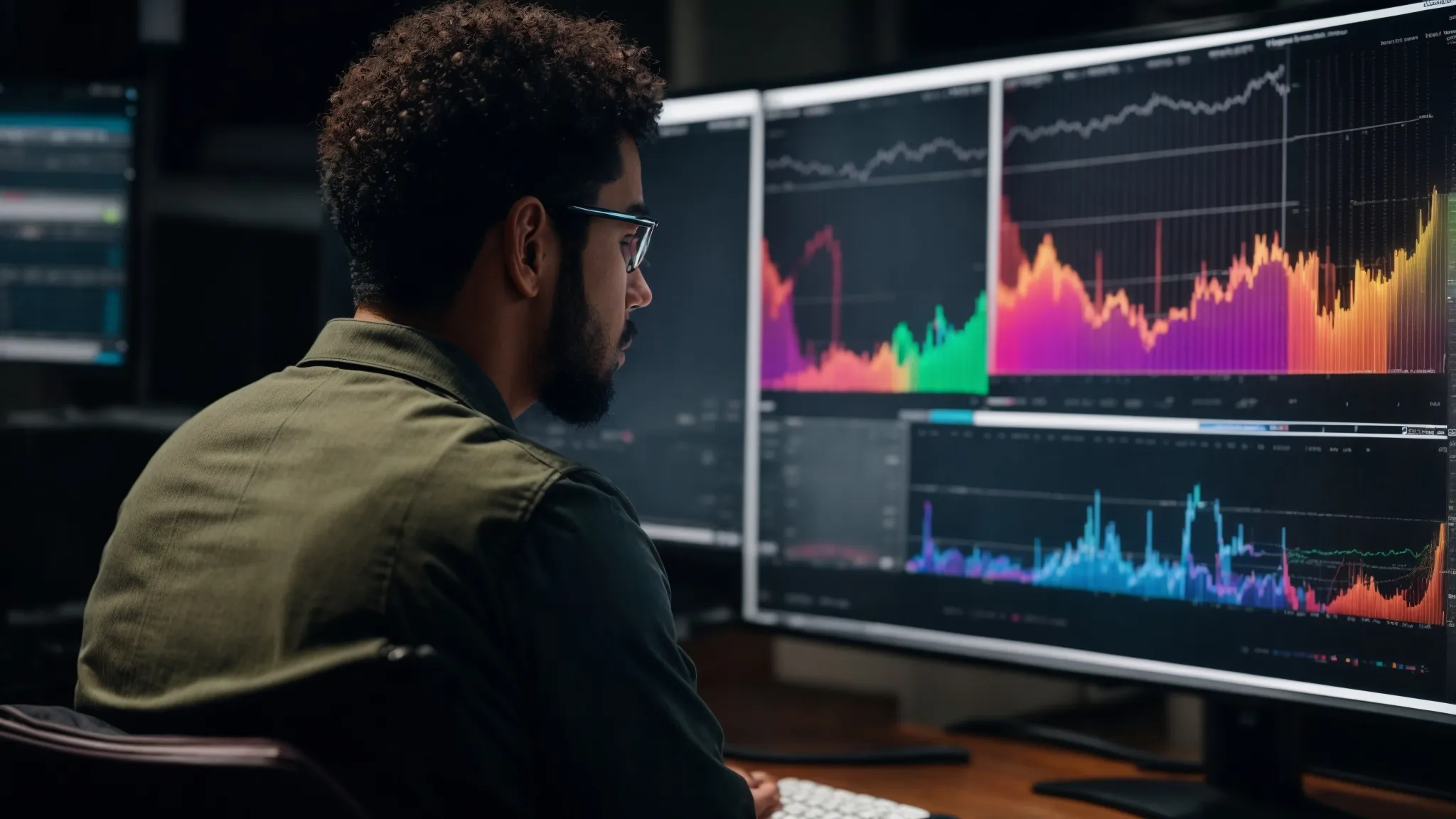 a focused individual sits before a large monitor displaying colorful analytics charts as they thoughtfully navigate through a keyword research tool.