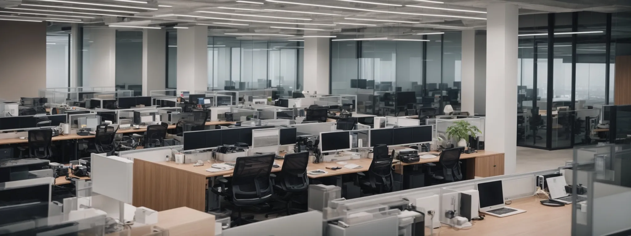 a panoramic view of a modern office with scattered computers running sophisticated seo software.