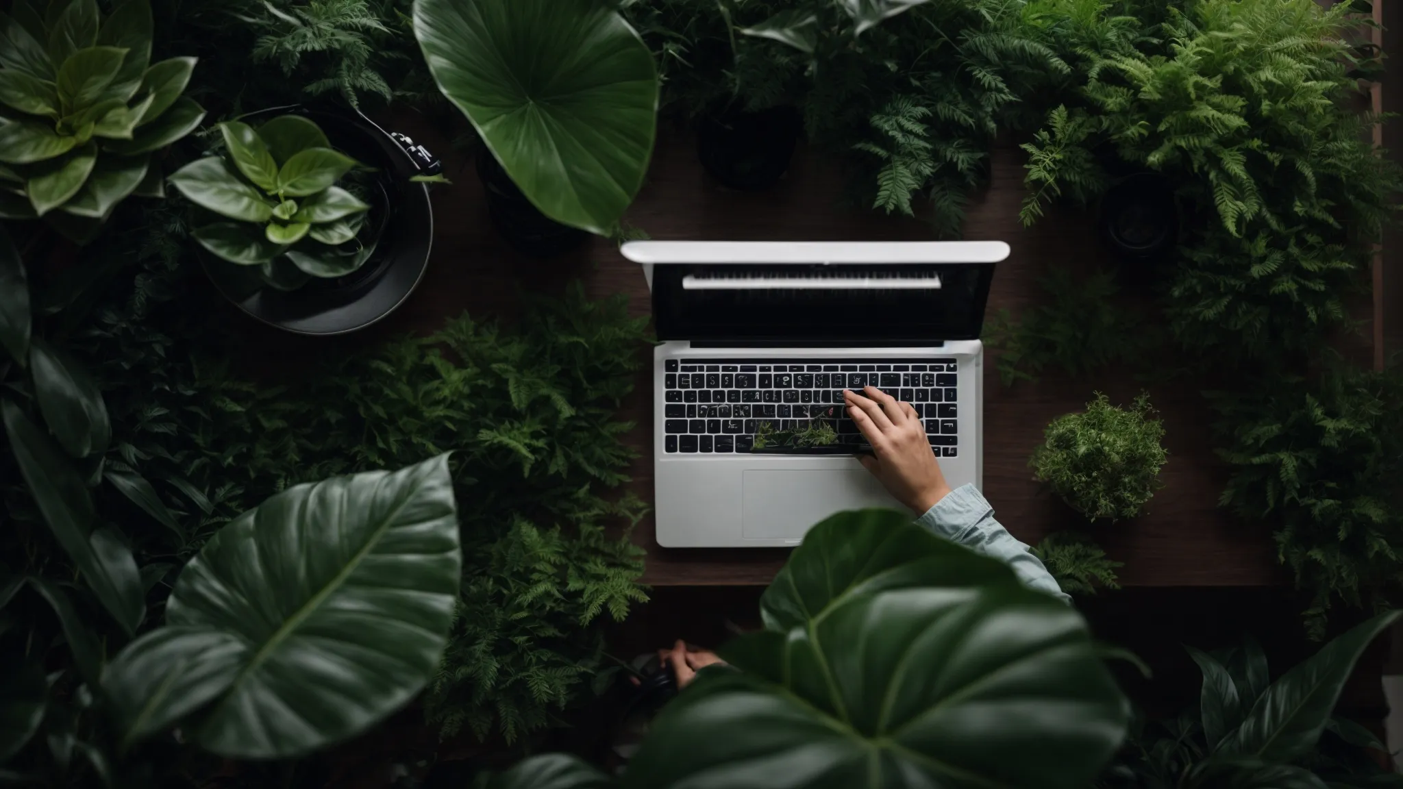 a person typing on a laptop with plants surrounding the workspace.