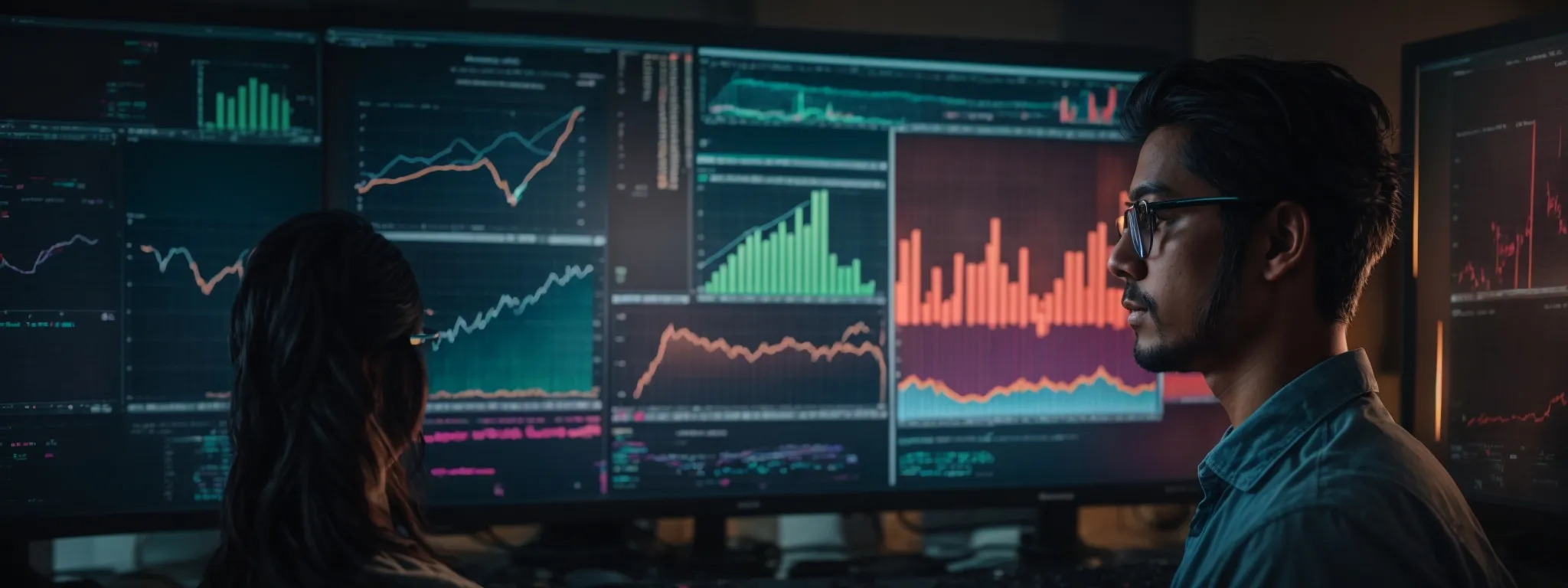 a focused seo professional gazes at a large monitor displaying colorful analytics graphs and keyword trends.