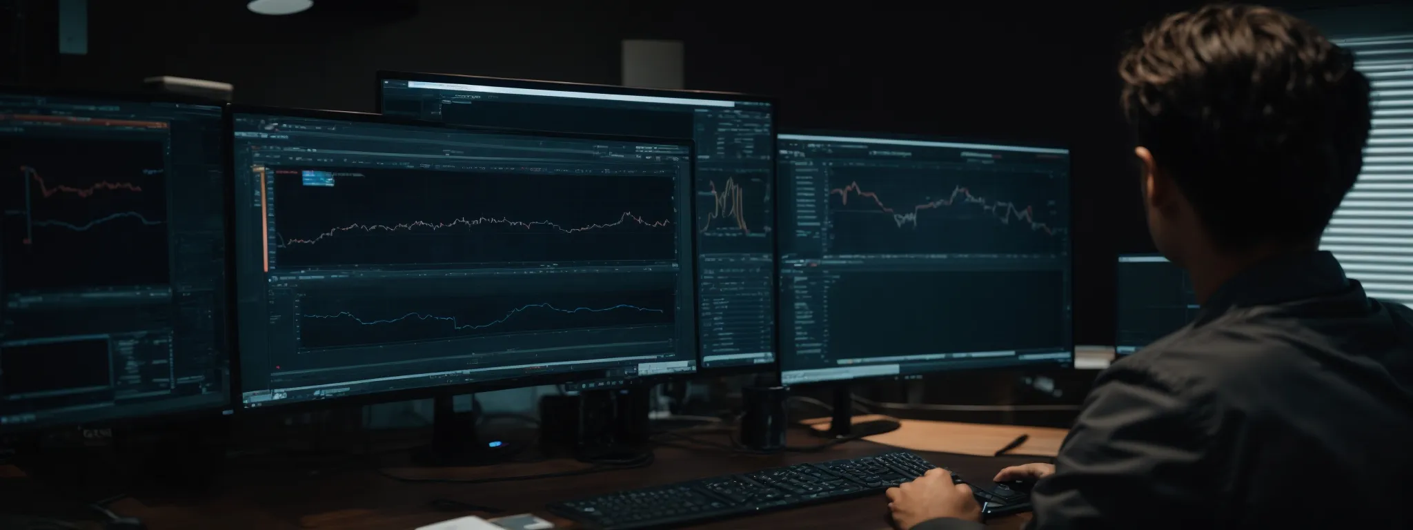 a person sits before a dual-monitor setup, analyzing a complex dashboard that visualizes keyword trends and seo strategies.