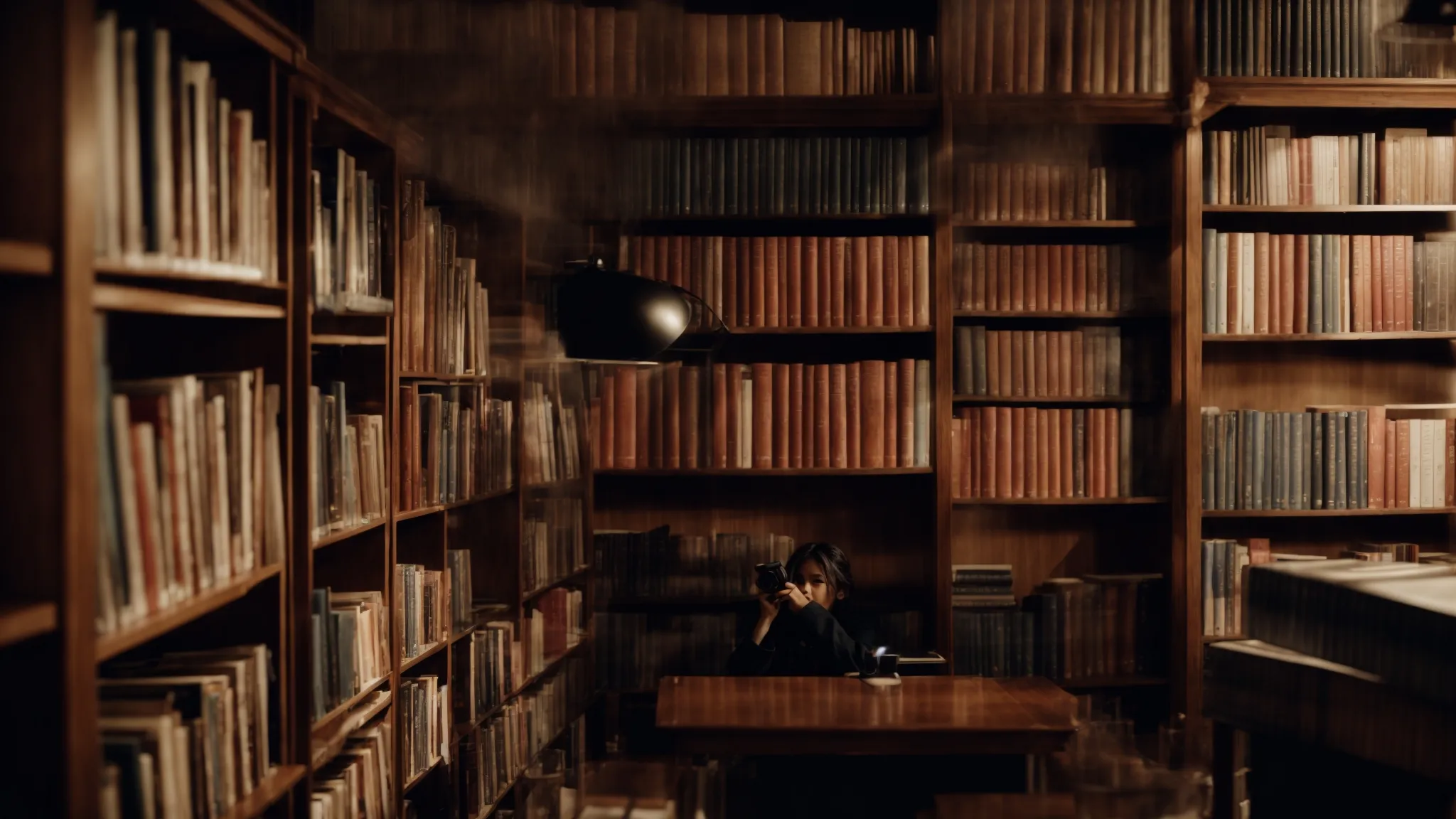 a person in a library surrounded by books, immersed in focused research using a computer.