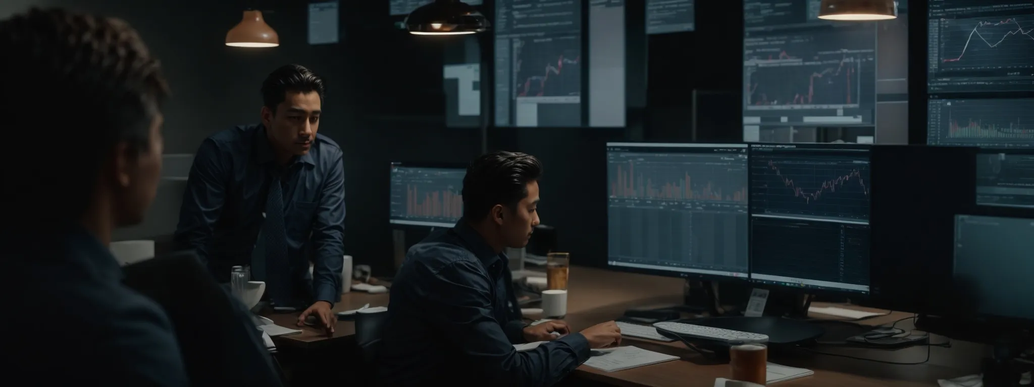 a professional marketing team analyzes data on a computer screen, strategizing seo plans using the searchatlas tool.