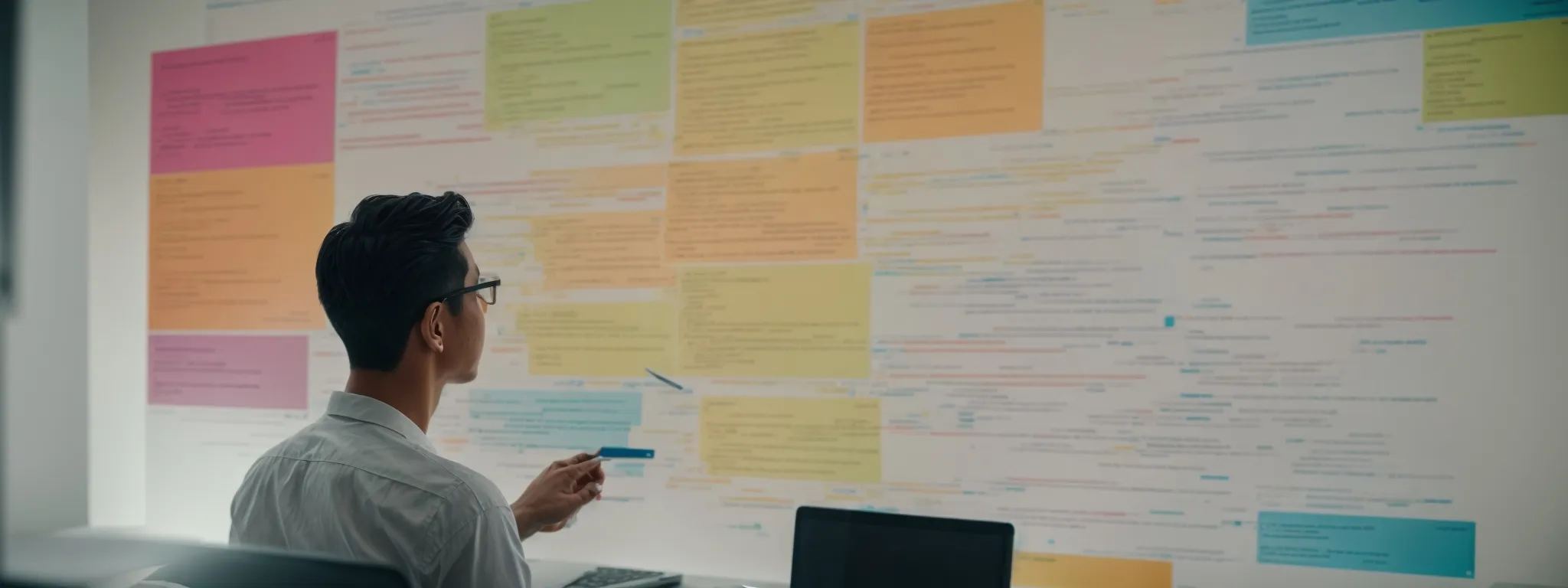 a person analyzing a colorful mind map on a computer screen to develop an seo keyword strategy.