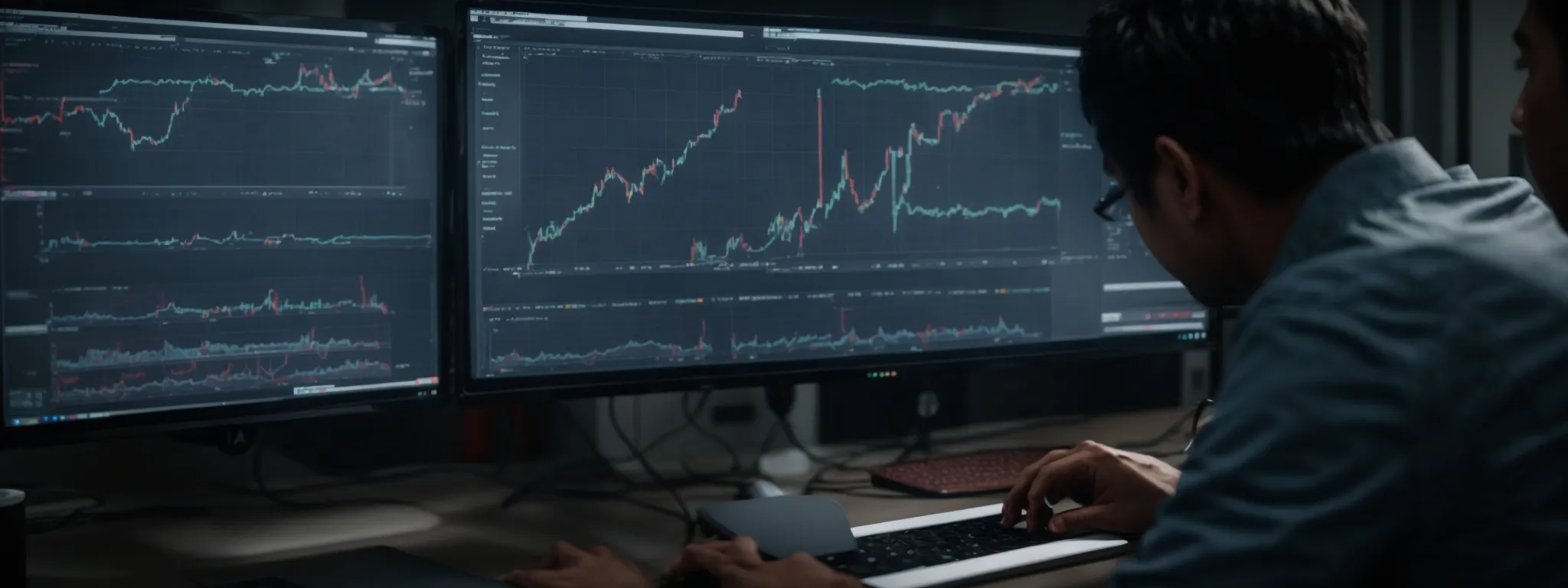 a person working on a sophisticated digital interface, analyzing graphs and metrics to optimize a website's seo performance.