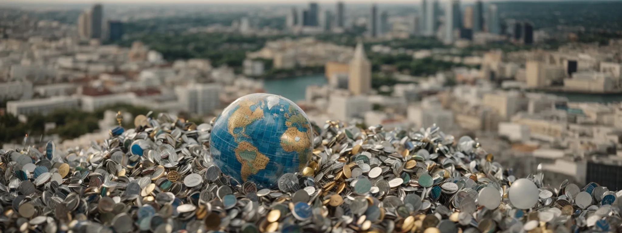 a globe with various pins marking different locations and a magnifying glass hovering over a city.