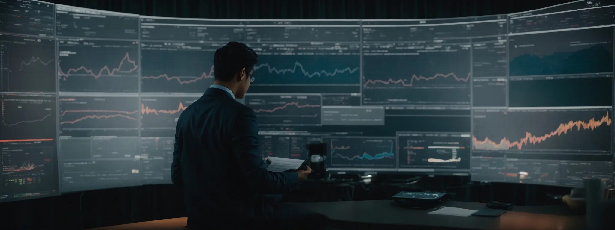 a person intently studying a clutter-free, high-tech dashboard displaying seo metrics and trend graphs.