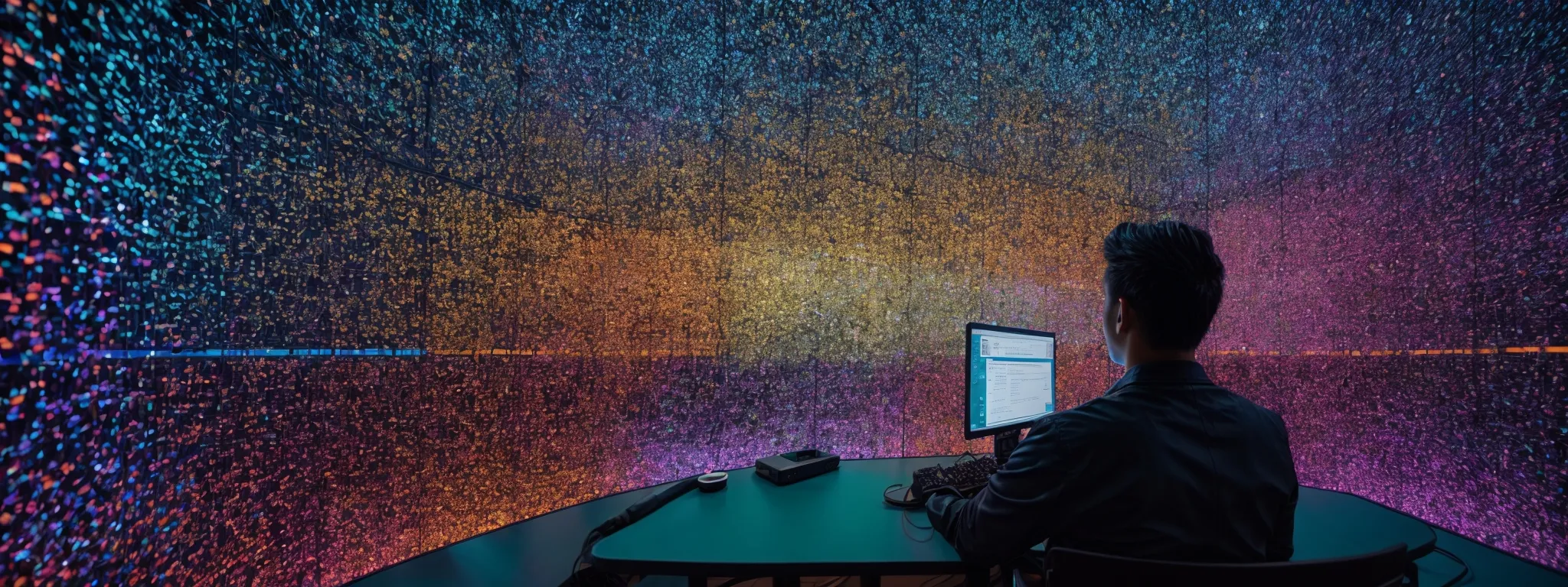 a focused individual intently studies a colorful array of interconnected nodes representing diverse keyword clusters on a vast digital screen.