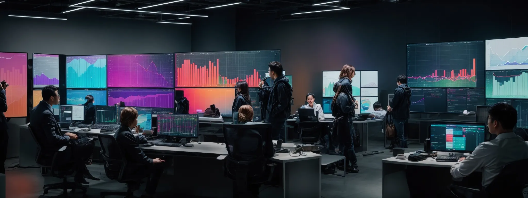 a group of marketers gather around a large computer monitor displaying colorful trend graphs and data analytics.