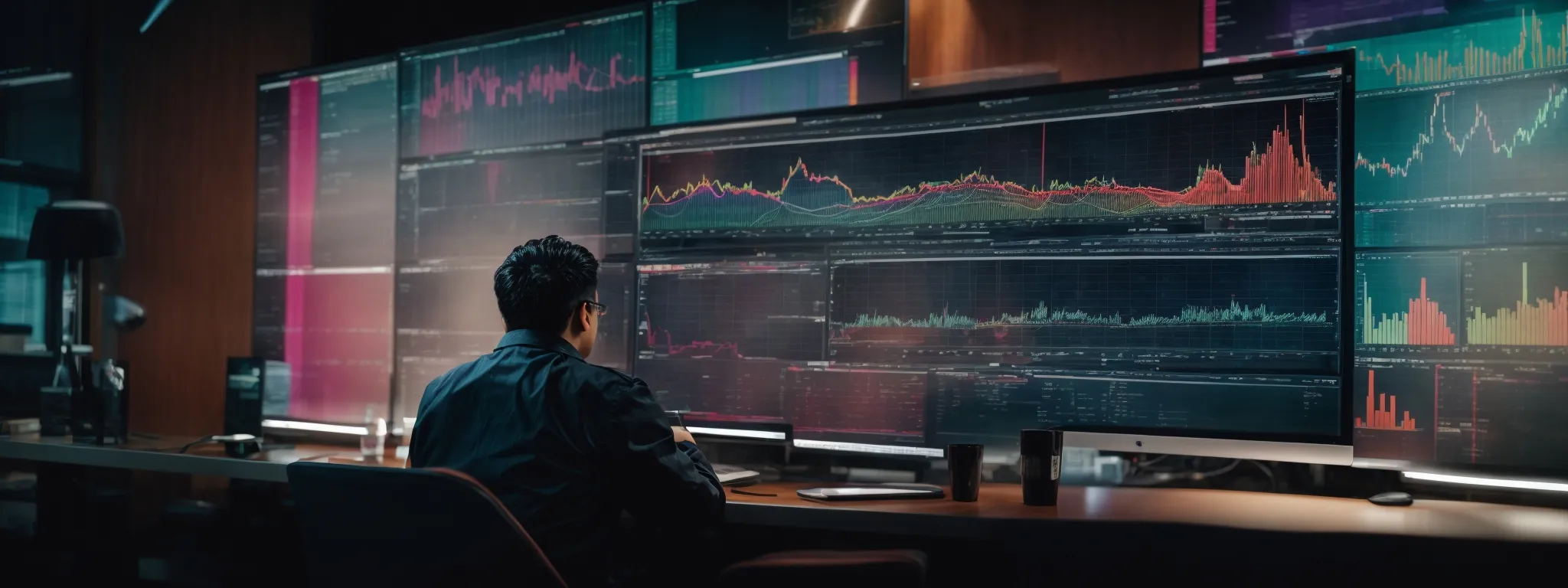 a person sits in front of a large monitor displaying colorful graphs and search engine result pages, intensely analyzing data trends.