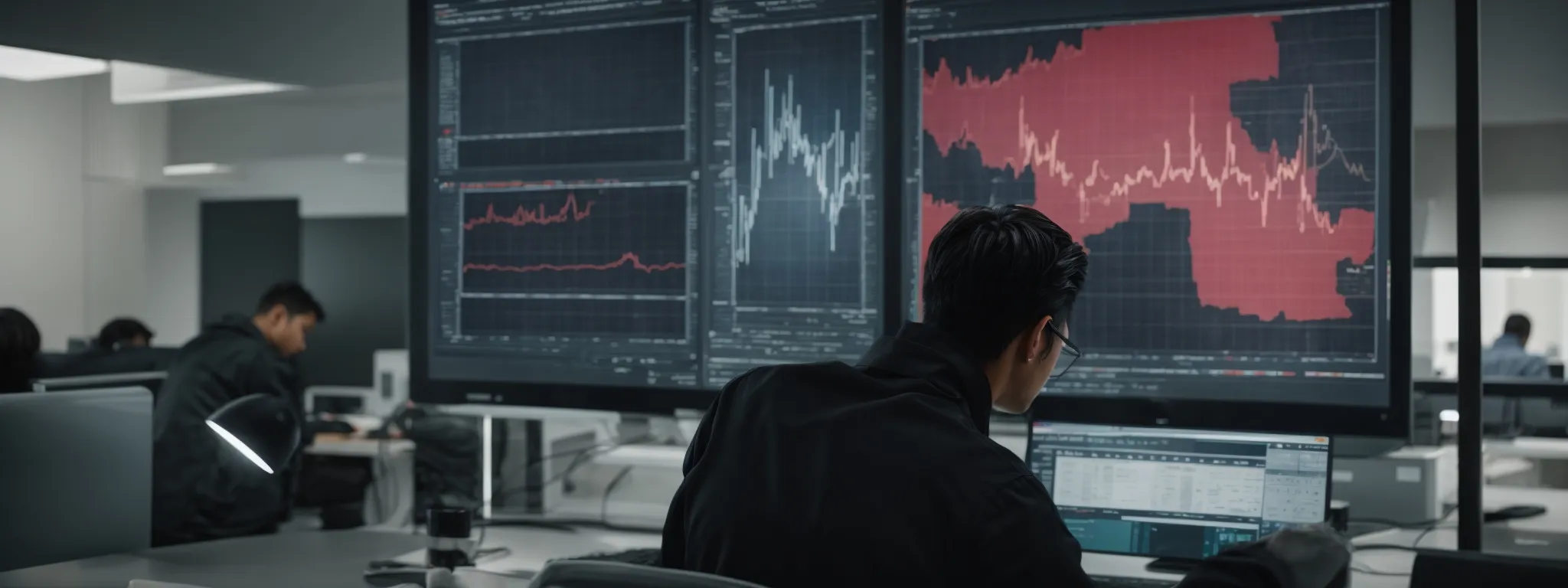 a person intently analyzing complex data visualizations on a computer screen in a modern, bright office environment.