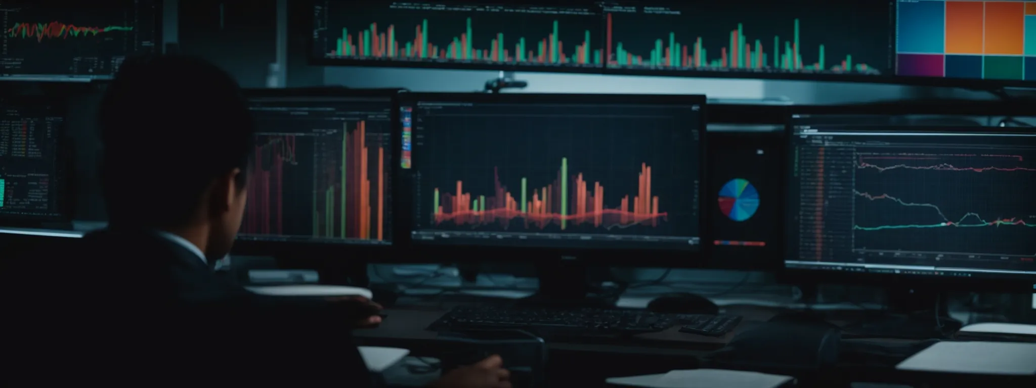 a person gazes intently at a computer screen filled with colorful graphs and data analytics.