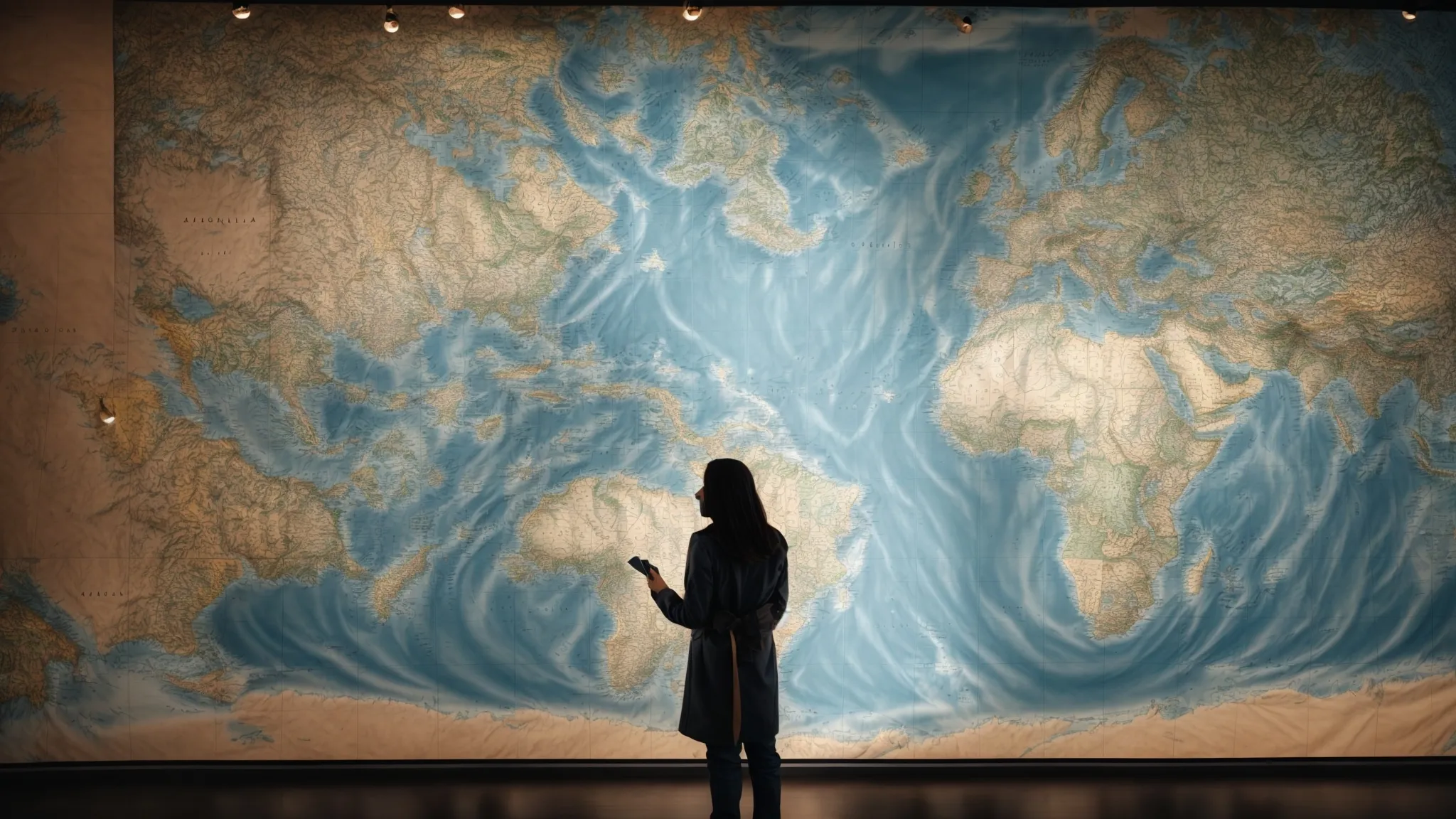a person standing before a large interactive world map, touching points that are lighting up to symbolize different global regions.