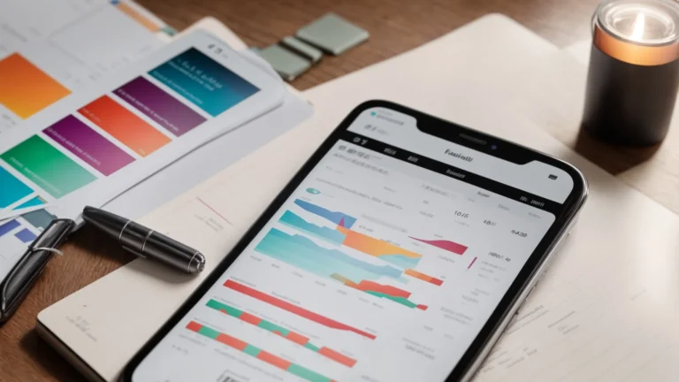 a smartphone displaying colorful graphs of keyword trends beside a notebook with a pen on a modern desk.