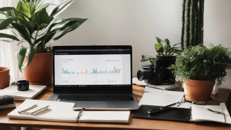 a laptop with graphs and search engine tabs open on a clean, minimalist desk, surrounded by marketing strategy books and a potted plant.