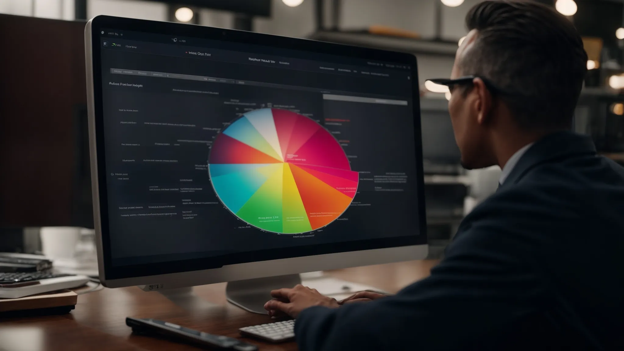 a marketer analyzing a colorful pie chart on a computer screen to strategize seo efforts.