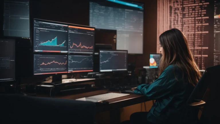 a focused individual sits in front of a computer, analyzing data charts and graphs on keyword trends displayed on the screen.