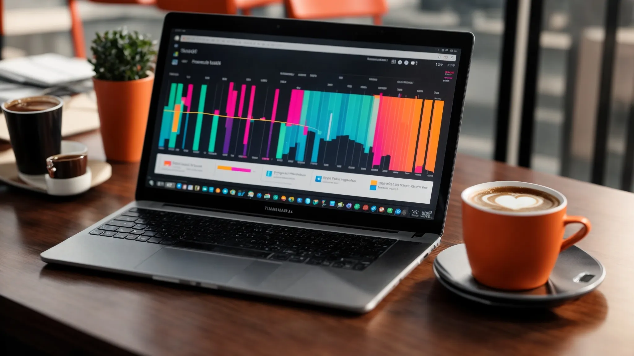 a laptop on a desk displaying colorful seo graphs next to a notebook and a cup of coffee.