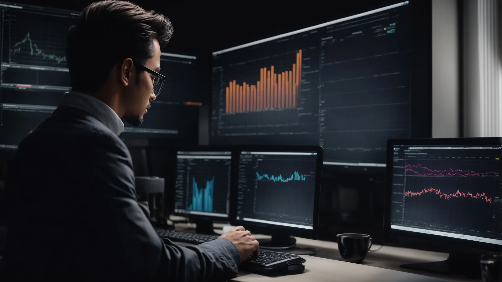 a person gazes at a computer screen displaying graphs and data analytics representing keyword search volumes.
