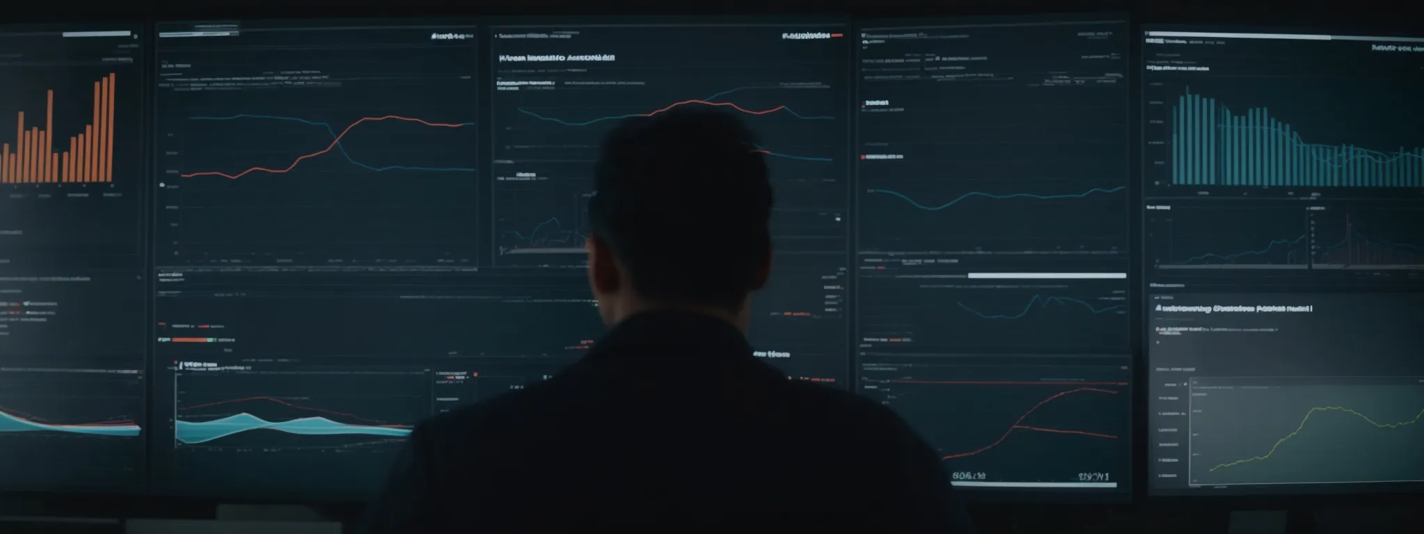 a person in front of a large, interactive analytics dashboard, deeply focused on interpreting graphs and charts illustrating keyword performance trends.